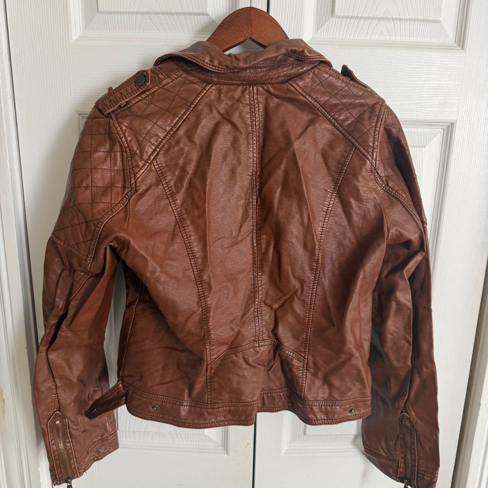 Xhilaration Womens Brown Faux Leather Moto‎ Jacket Quilted Shoulder Edgy Size L - Picture 4 of 14